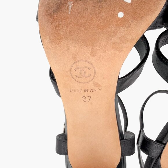 Chanel Black Leather Crystal CC Strappy Heeled Sandals Shoes Size 37 US 6–6.5 - Picture 12 of 13